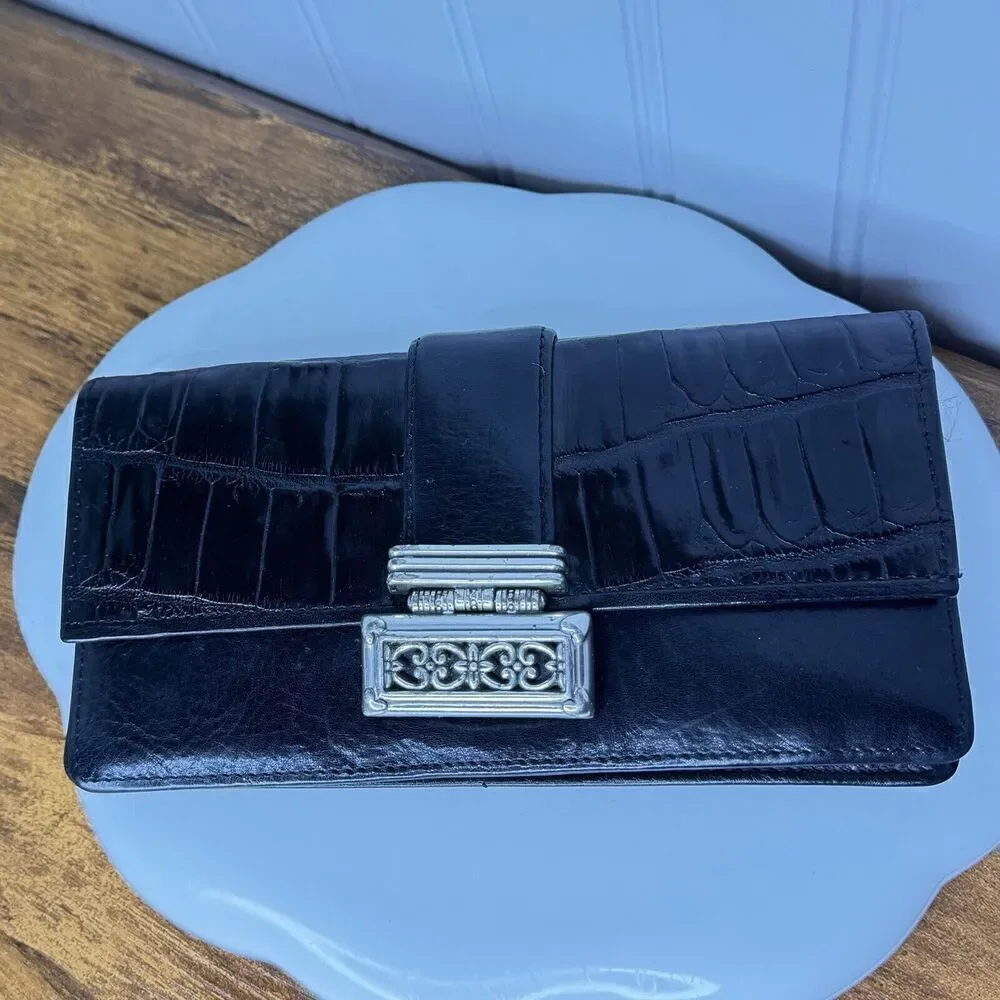 BRIGHTON Wallet Organizer Black Genuine Leather Croc Embossed Silver Accent